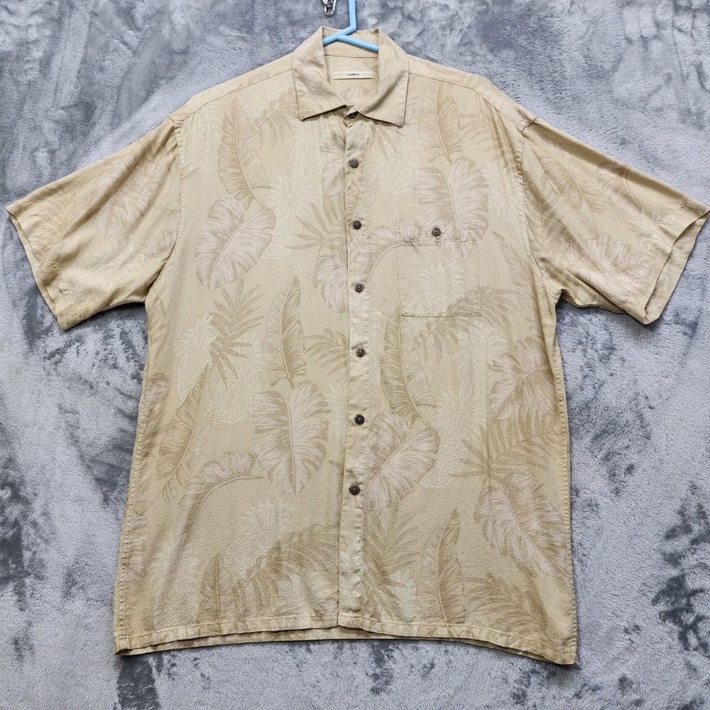 Vintage Moda Campia Moda Shirt Mens M Tan Tropical Leaf Short‎ Sleeve Button Up